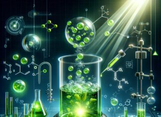 Illustration av artificiell fotosyntes – en innovativ teknik för att omvandla solljus till energi, inspirerad av naturens egna processer.
