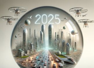 Framtidens inkapslad i en sfär med texten 2025