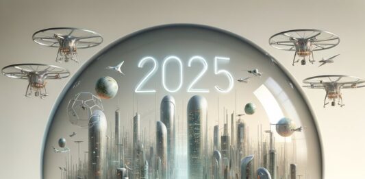 Framtidens inkapslad i en sfär med texten 2025