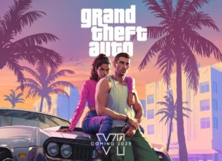 Bild från Grand Theft Auto (GTA) där en man och en kvinna sitter på en bil, med texten 'Coming 2025', symboliserar spelets kommande lansering.