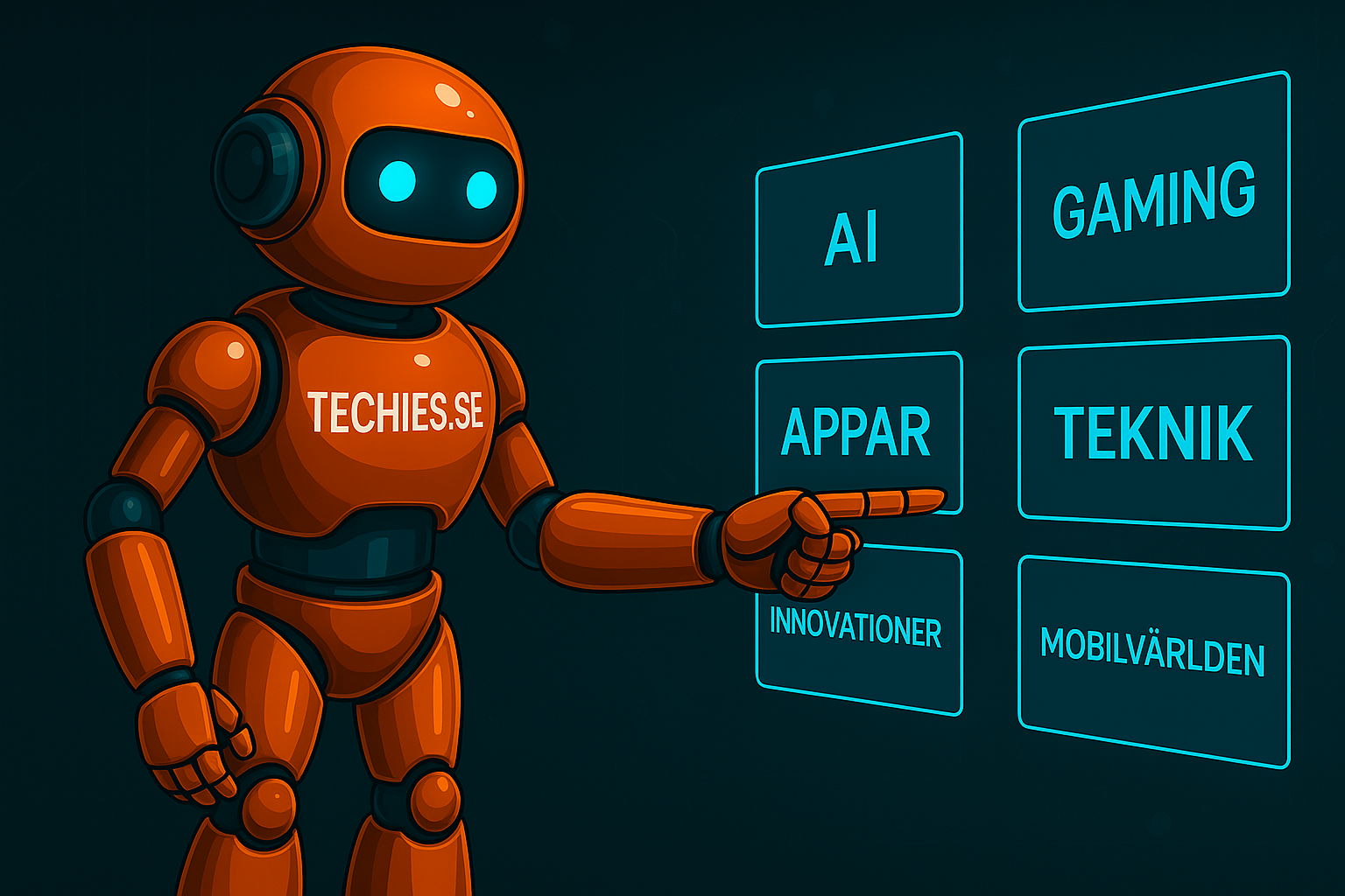 ChatGPT Image En orange Techies.se-robot pekar på digitala knappar med kategorier som AI, Gaming, Appar, Innovationer, Mobilvärlden, Teknik och Hållbarhet, mot en futuristisk bakgrund i blått och orange.