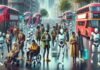 n livlig gata inspirerad av London, där människor och robotar samexisterar och utför vardagliga sysslor, symboliserar framtidens samhälle och AI-integration