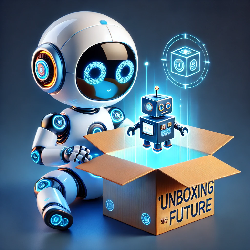 En söt, futuristisk AI-robotbebis unboxar en högteknologisk låda fylld med lysande innovativa element, som symboliserar 'Unboxing the Future.' Robotens vänliga design och den moderna estetiken i blå och orange matchar Techies varumärke