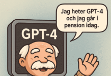 Tecknad illustration av GPT-4 som pensionerad äldre man med pratbubbla: "Jag heter GPT-4 och jag går i pension idag."
