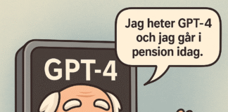 Tecknad illustration av GPT-4 som pensionerad äldre man med pratbubbla: "Jag heter GPT-4 och jag går i pension idag."