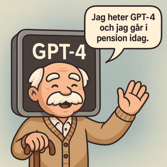 Tecknad illustration av GPT-4 som pensionerad äldre man med pratbubbla: 