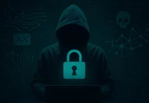 ChatGPT Illustration av en person vid en dator med ett lysande hänglås och digitala element som symboliserar cybersäkerhet.