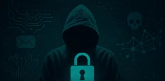 ChatGPT Illustration av en person vid en dator med ett lysande hänglås och digitala element som symboliserar cybersäkerhet.