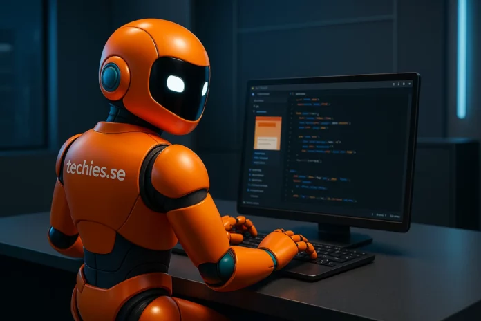 TechiesRoboten kodar med hjälp av firebase Studio