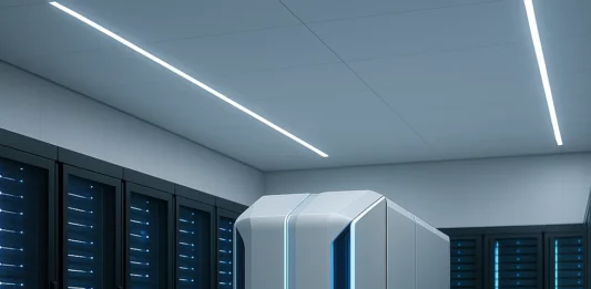 Interiör från ett högteknologiskt datacenter med avancerad serverutrustning och kylsystem.