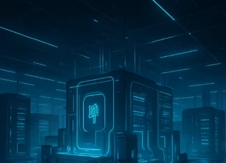 Futuristisk visualisering av ett teknikinspirerat datacenter med ljuslinjer och moderna serverstrukturer i blått och turkost