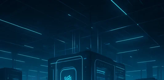 Futuristisk visualisering av ett teknikinspirerat datacenter med ljuslinjer och moderna serverstrukturer i blått och turkost