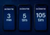 Tre moderna smartphones i rad med texten "SKÄRMTID" på skärmen. Den första visar 3 minuters skärmtid, den andra 5 timmar och den tredje 105 timmar. I bakgrunden syns ett blått kretskortsmönster som förstärker det digitala temat.