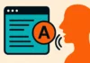 Illustration av öppen källkod text-till-tal med AI-symboler, ljudvåg och mänsklig profil i turkos och orange.