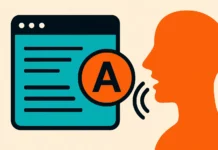 Illustration av öppen källkod text-till-tal med AI-symboler, ljudvåg och mänsklig profil i turkos och orange.