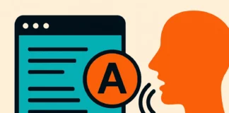 Illustration av öppen källkod text-till-tal med AI-symboler, ljudvåg och mänsklig profil i turkos och orange.