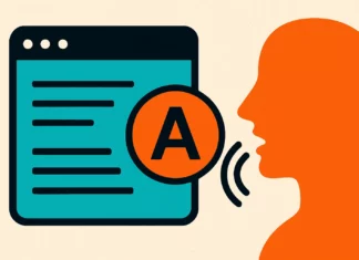 Illustration av öppen källkod text-till-tal med AI-symboler, ljudvåg och mänsklig profil i turkos och orange.