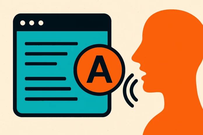 Illustration av öppen källkod text-till-tal med AI-symboler, ljudvåg och mänsklig profil i turkos och orange.