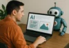 Person med orange tröja använder AI-modell på laptop hemma, med en turkos robot vid sin sida i en hemmalik miljö.