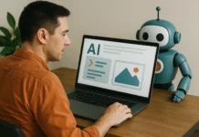 Person med orange tröja använder AI-modell på laptop hemma, med en turkos robot vid sin sida i en hemmalik miljö.