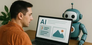 Person med orange tröja använder AI-modell på laptop hemma, med en turkos robot vid sin sida i en hemmalik miljö.