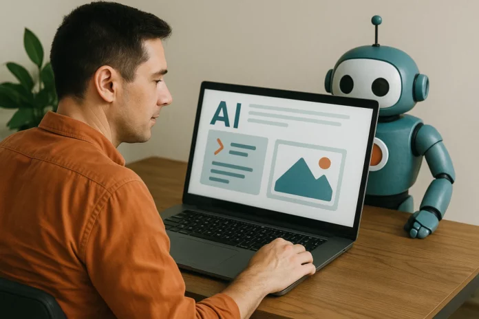 Person med orange tröja använder AI-modell på laptop hemma, med en turkos robot vid sin sida i en hemmalik miljö.