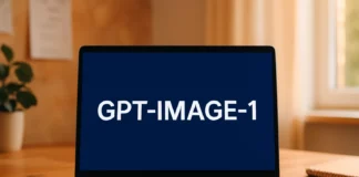 Laptopskärm med texten GPT-IMAGE-1 – illustration av OpenAIs API för AI-genererat bildskapande.