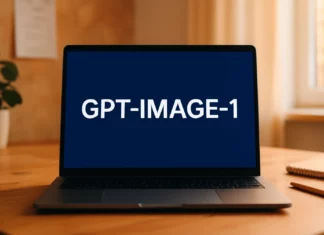 Laptopskärm med texten GPT-IMAGE-1 – illustration av OpenAIs API för AI-genererat bildskapande.