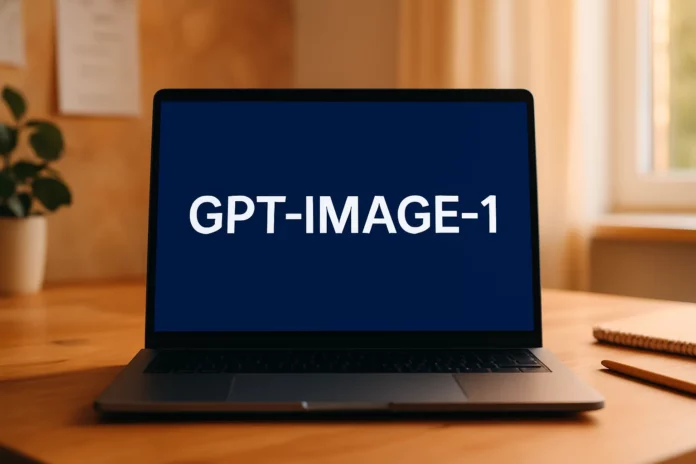 Laptopskärm med texten GPT-IMAGE-1 – illustration av OpenAIs API för AI-genererat bildskapande.
