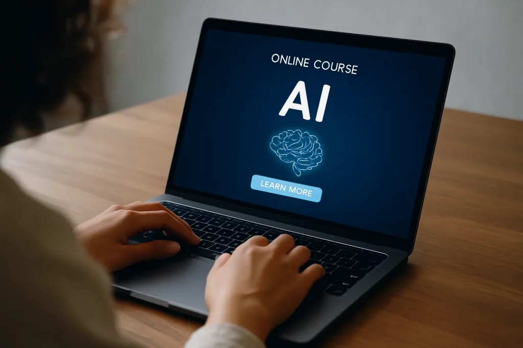 En person använder en bärbar dator för att gå en onlinekurs om AI, med fokus på artificiell intelligens och självstudier via Nvidias utbildningsplattform.