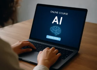 En person använder en bärbar dator för att gå en onlinekurs om AI, med fokus på artificiell intelligens och självstudier via Nvidias utbildningsplattform.