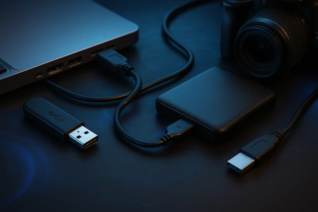 Olika enheter kopplade med USB 2.0-kablar, inklusive laptop, extern hårddisk och kamera, mot en futuristisk mörkblå bakgrund.