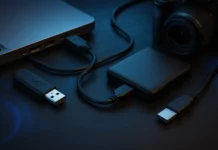 Olika enheter kopplade med USB 2.0-kablar, inklusive laptop, extern hårddisk och kamera, mot en futuristisk mörkblå bakgrund.
