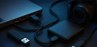 Olika enheter kopplade med USB 2.0-kablar, inklusive laptop, extern hårddisk och kamera, mot en futuristisk mörkblå bakgrund.