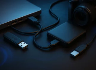 Olika enheter kopplade med USB 2.0-kablar, inklusive laptop, extern hårddisk och kamera, mot en futuristisk mörkblå bakgrund.