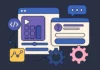 Illustration av ett digitalt användargränssnitt med interaktiva komponenter som kalkylator, frågeverktyg och inställningsikoner – symboliserar Canva Code och no-code appskapande.