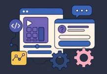Illustration av ett digitalt användargränssnitt med interaktiva komponenter som kalkylator, frågeverktyg och inställningsikoner – symboliserar Canva Code och no-code appskapande.