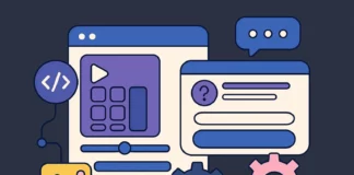 Illustration av ett digitalt användargränssnitt med interaktiva komponenter som kalkylator, frågeverktyg och inställningsikoner – symboliserar Canva Code och no-code appskapande.