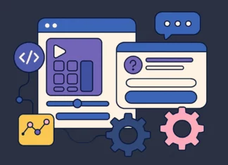 Illustration av ett digitalt användargränssnitt med interaktiva komponenter som kalkylator, frågeverktyg och inställningsikoner – symboliserar Canva Code och no-code appskapande.