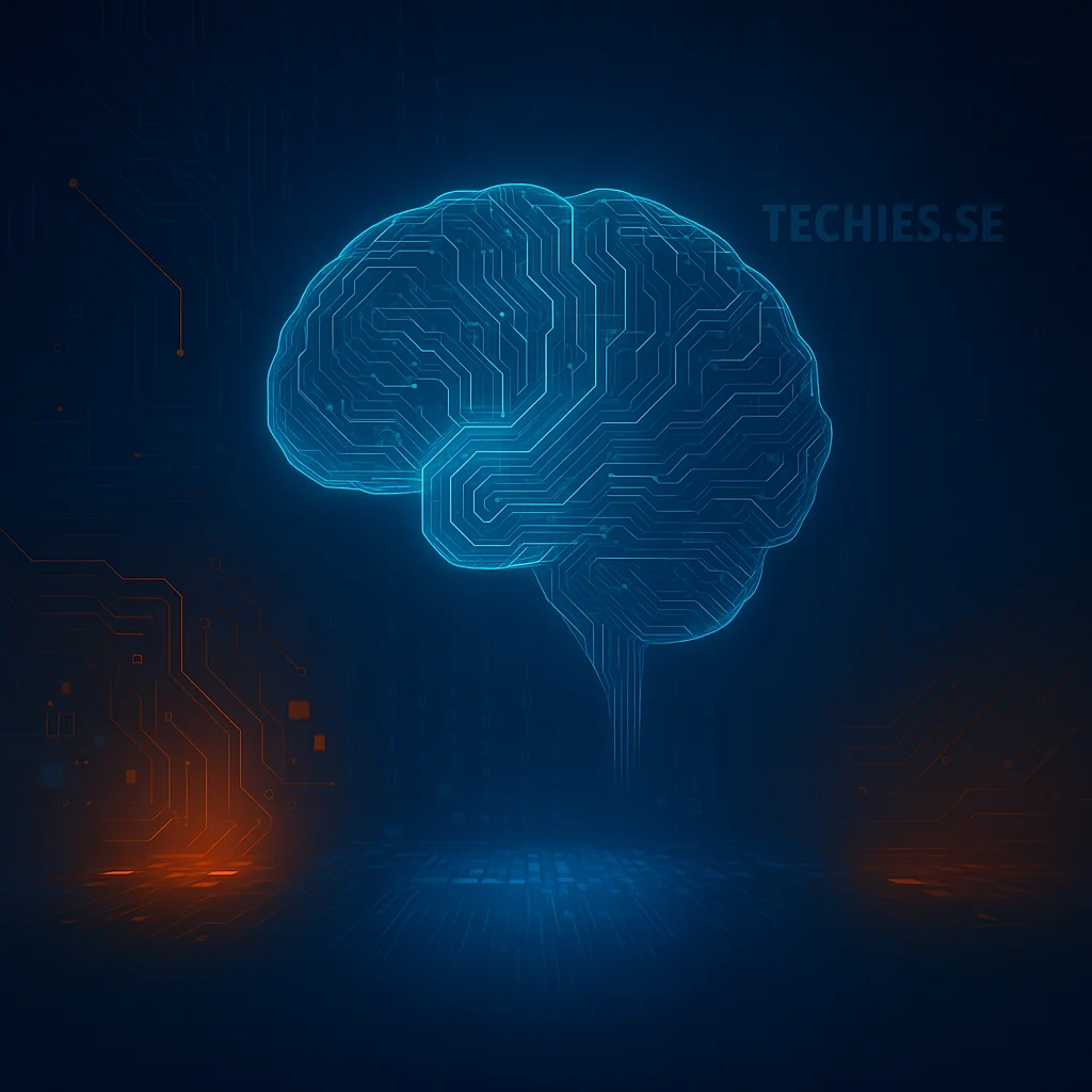 Futuristisk illustration av en blåglödande hjärna byggd av kretskortslinjer, svävande över ett digitalt landskap med blå och orange ljus, mot en mörk teknologisk bakgrund.