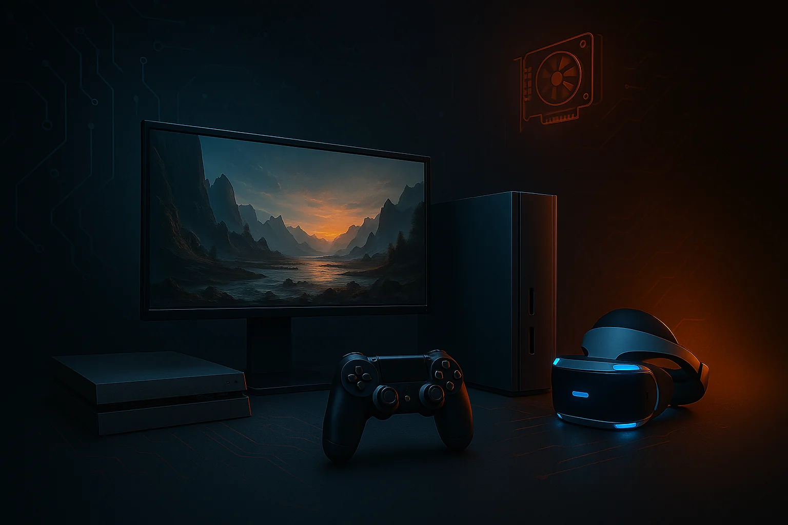 Futuristisk men realistisk illustration av ett gaming-setup med PC, konsol, tydlig orange hårddisk och blå belysning. Teknisk miljö med subtila detaljer som kodströmmar och kretsar.