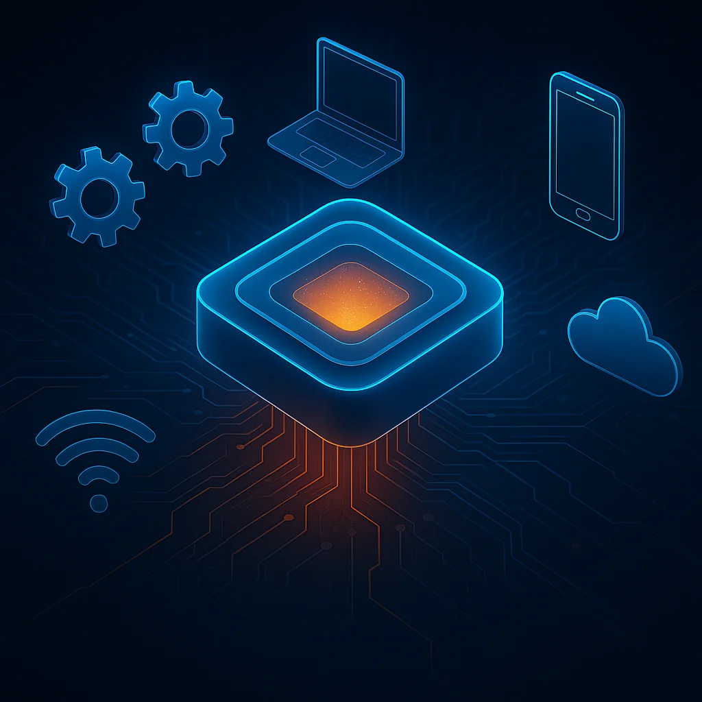 Futuristisk illustration med glödande central nod, tekniska kretsar och svävande systemikoner i blått och orange – ett stiliserat nav för teknik, nätverk och innovation.