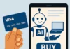 En stiliserad illustration av en person som interagerar med en AI-agent via sin dator i en futuristisk miljö med digitala element.