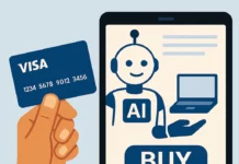 En stiliserad illustration av en person som interagerar med en AI-agent via sin dator i en futuristisk miljö med digitala element.