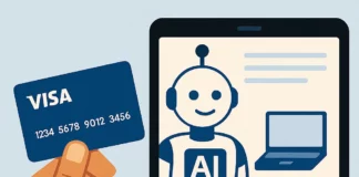 En stiliserad illustration av en person som interagerar med en AI-agent via sin dator i en futuristisk miljö med digitala element.