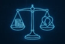 Illustration av balans mellan vinstintresse och samhällsnytta – symbol för OpenAI:s bolagsstruktur som Public Benefit Corporation.