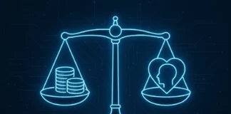 Illustration av balans mellan vinstintresse och samhällsnytta – symbol för OpenAI:s bolagsstruktur som Public Benefit Corporation.
