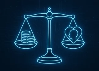 Illustration av balans mellan vinstintresse och samhällsnytta – symbol för OpenAI:s bolagsstruktur som Public Benefit Corporation.