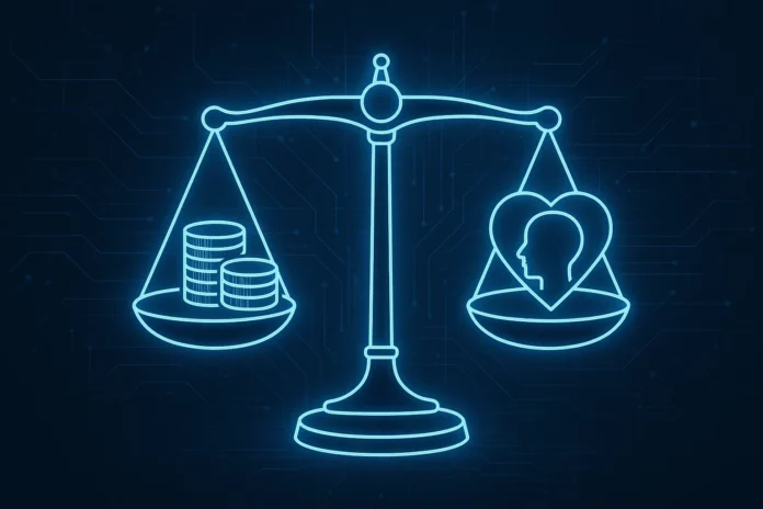Illustration av balans mellan vinstintresse och samhällsnytta – symbol för OpenAI:s bolagsstruktur som Public Benefit Corporation.