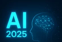Glödande text AI 2025 med siluett av mänskligt huvud och neurala nätverk – symbol för framtidens artificiella intelligens.